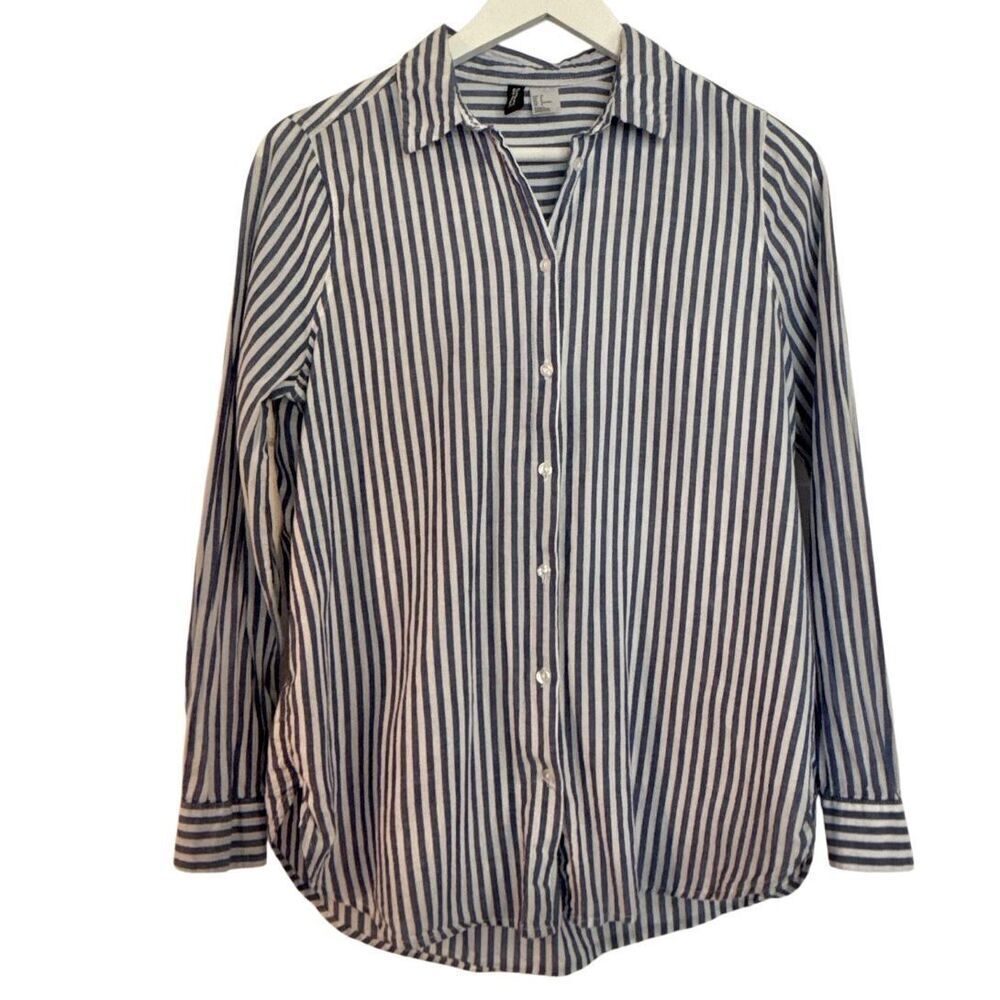 Ann Taylor factory blue striped cotton button down M - Picture 2 of 10